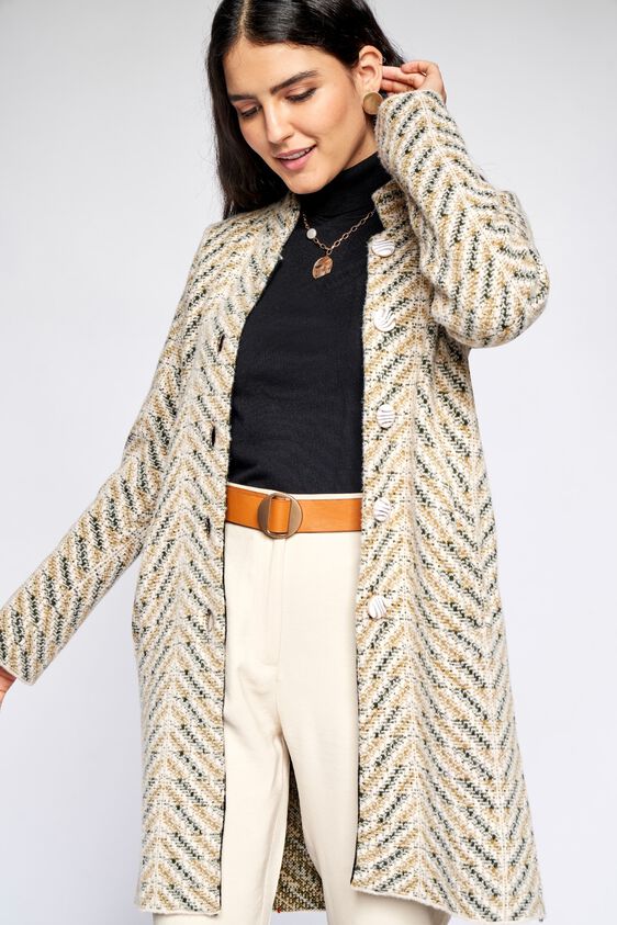 1 - Cream Self Design Straight Jacket, image 1