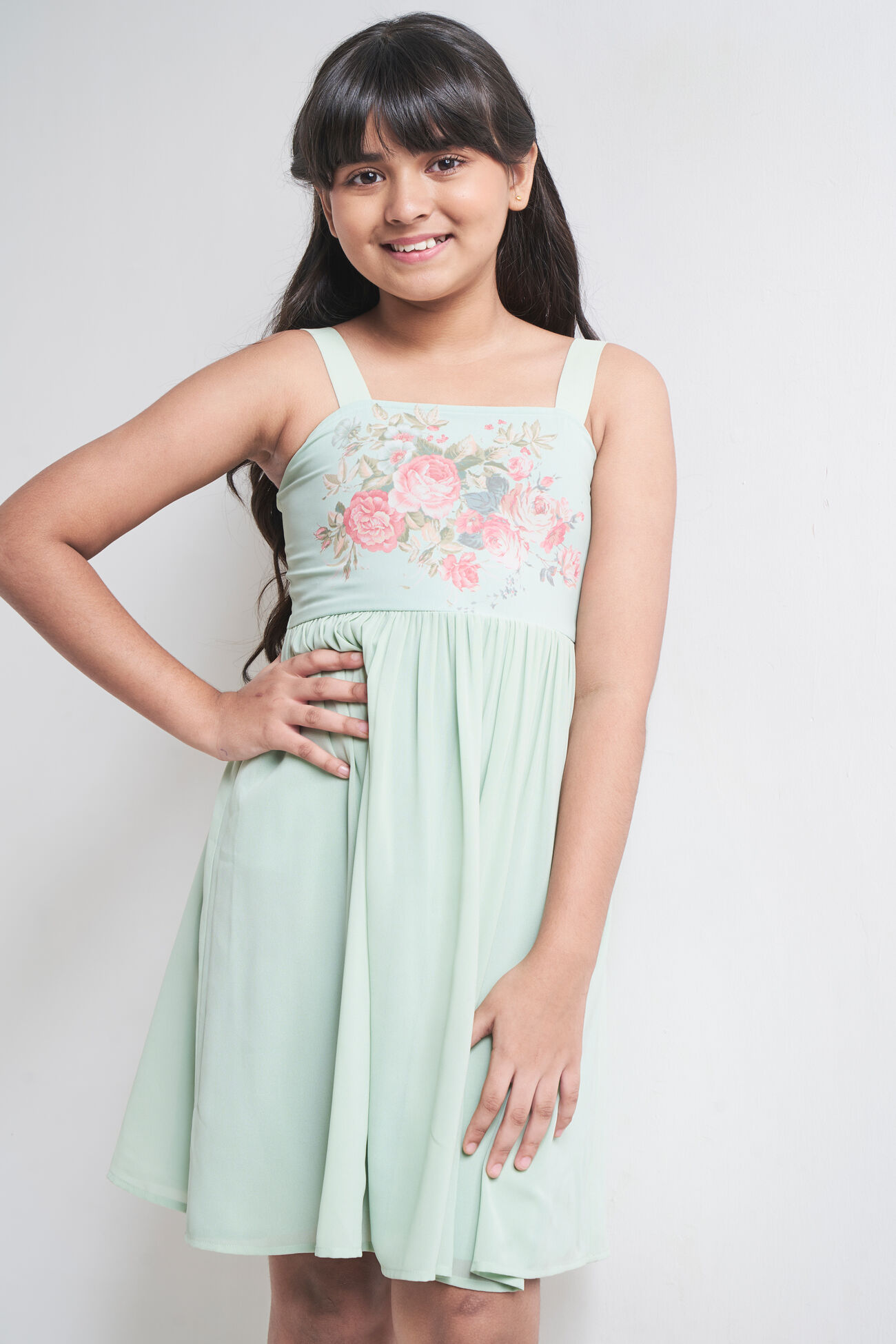 Green Solid Fit And Flare Embroidered Dress, Green, image 1