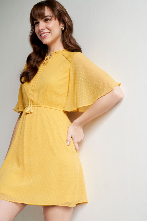 Yellow Solid Flared Dress, Yellow, image 3