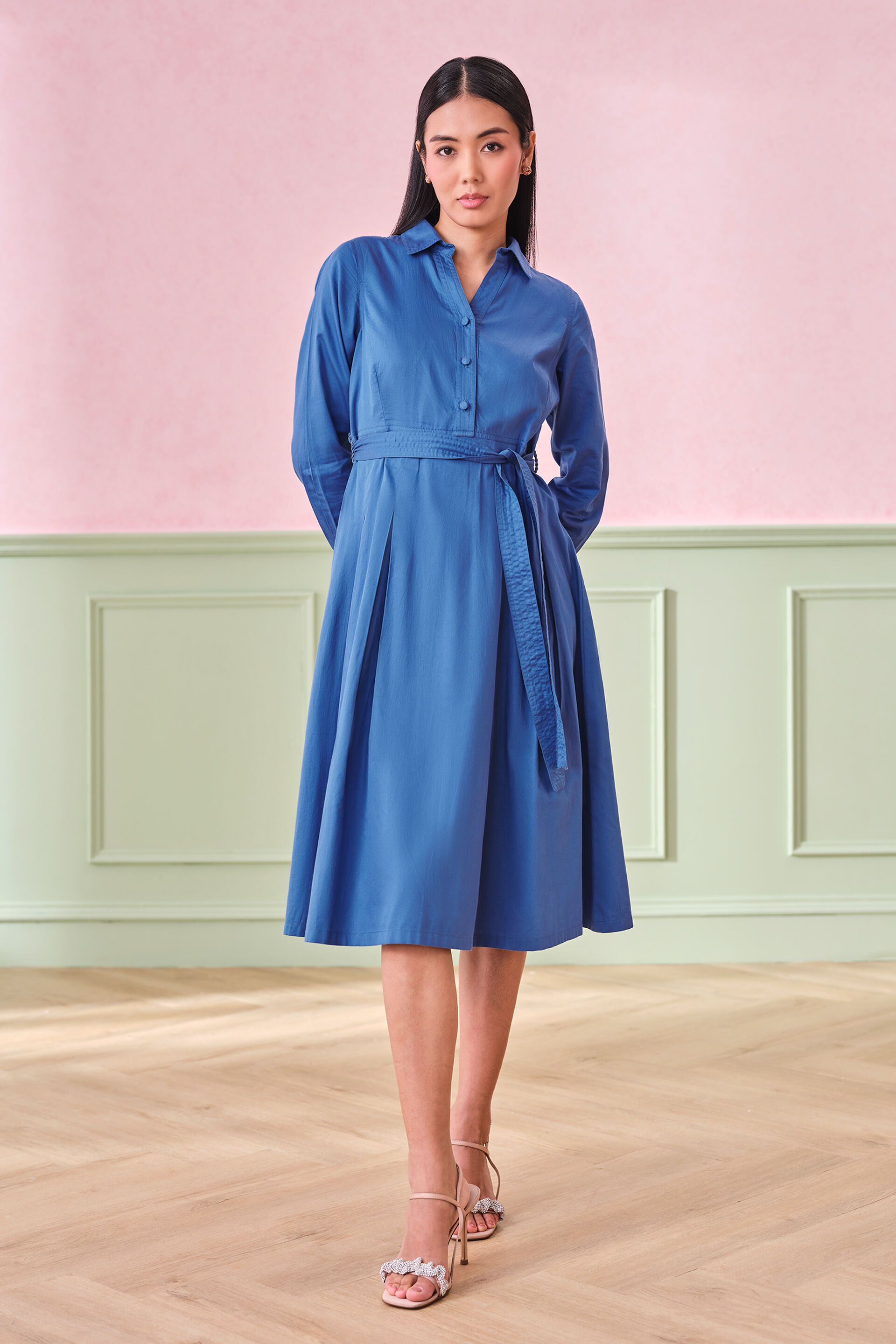 Infinity Pleated Blue Cotton Dress, Blue, image 1