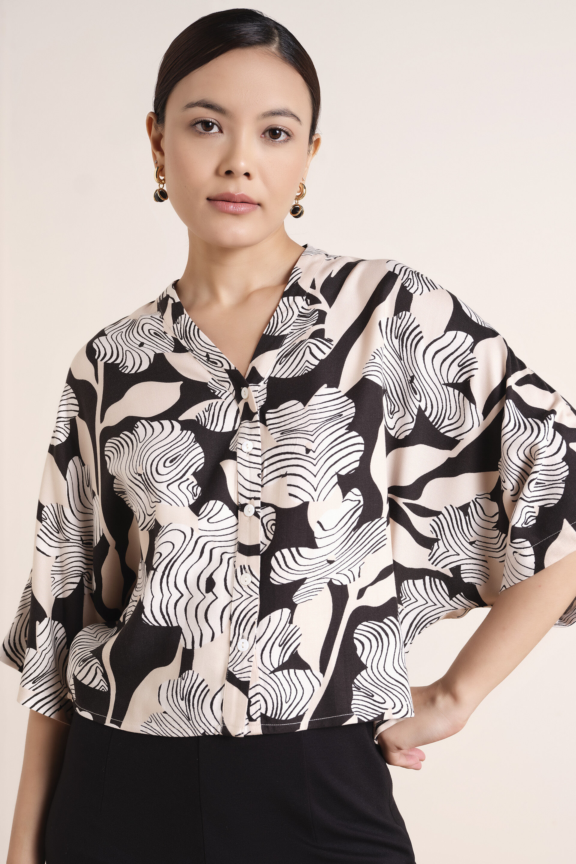 Printed Beige Modal Satin Top, Black, image 1
