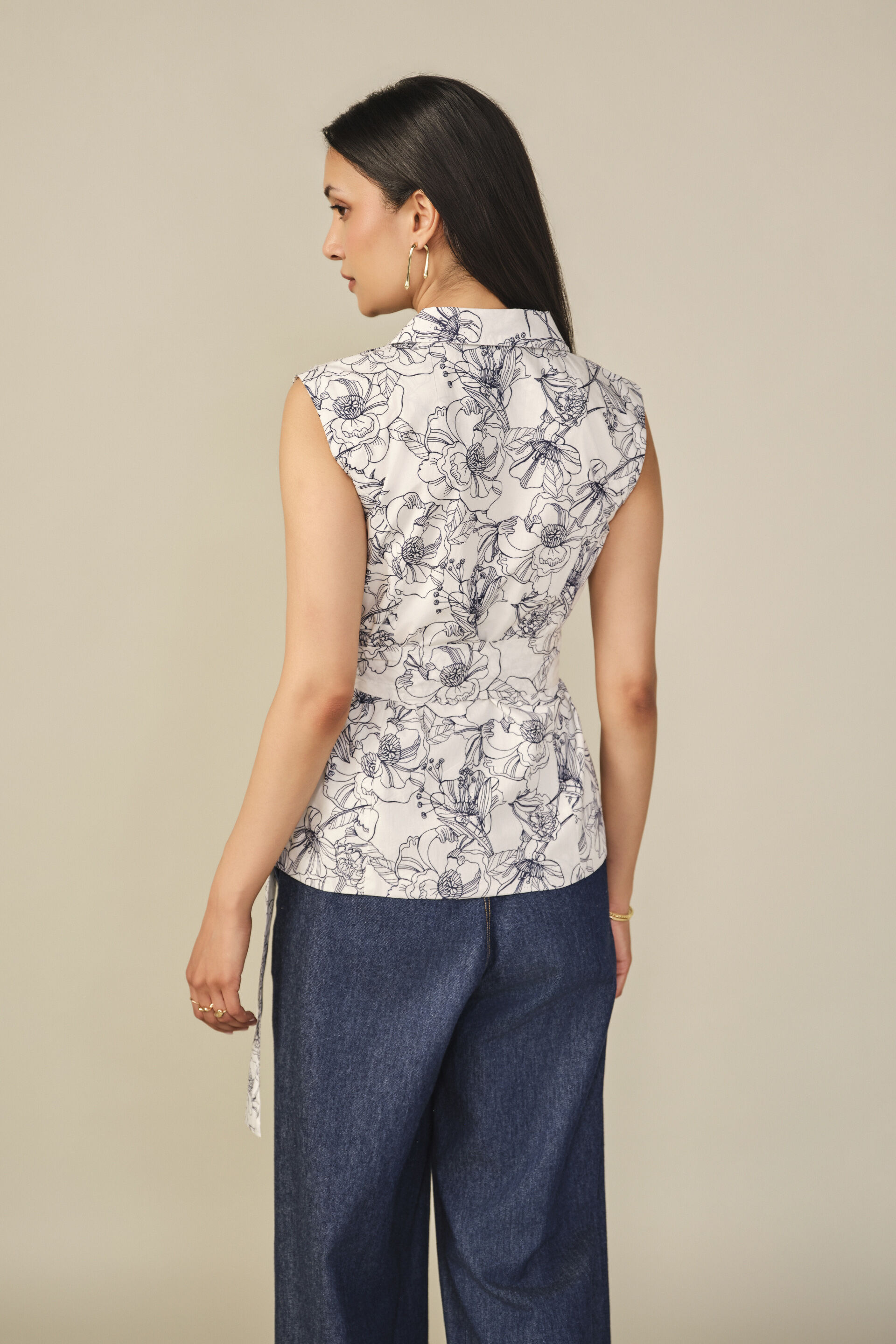 Tie-up Floral Print Cotton Blazer, Blue, image 6