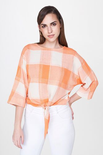 2 - Orange Checks Tie-Ups Round Neck Blouse Top, image 2