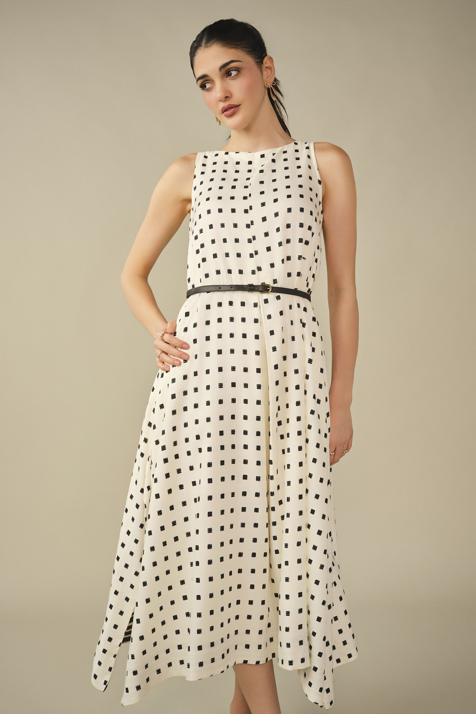 Fit & Flare Printed Midi Dress in White, White, image 3