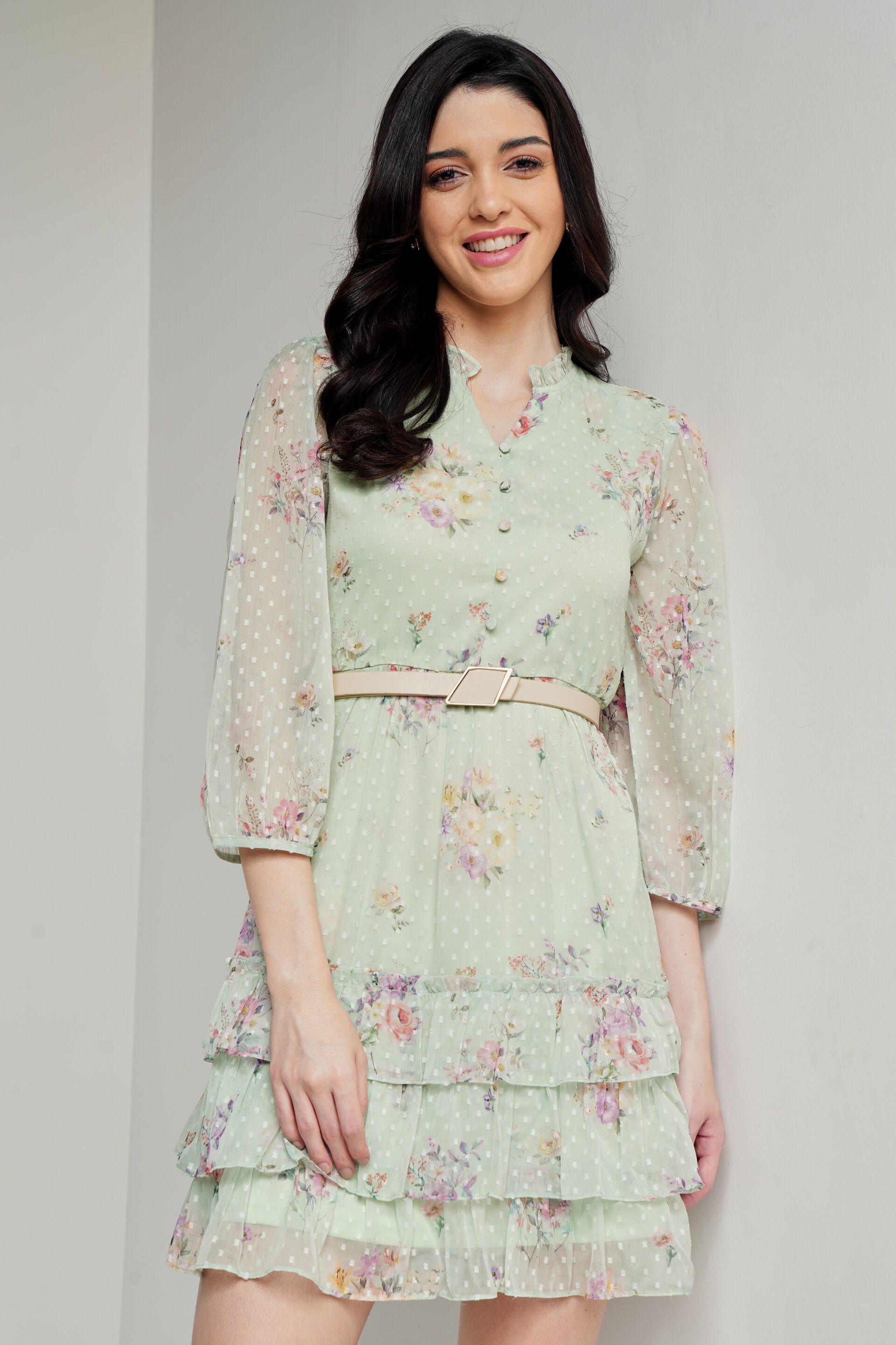 Mint Floral Flounce Dress, Mint, image 1