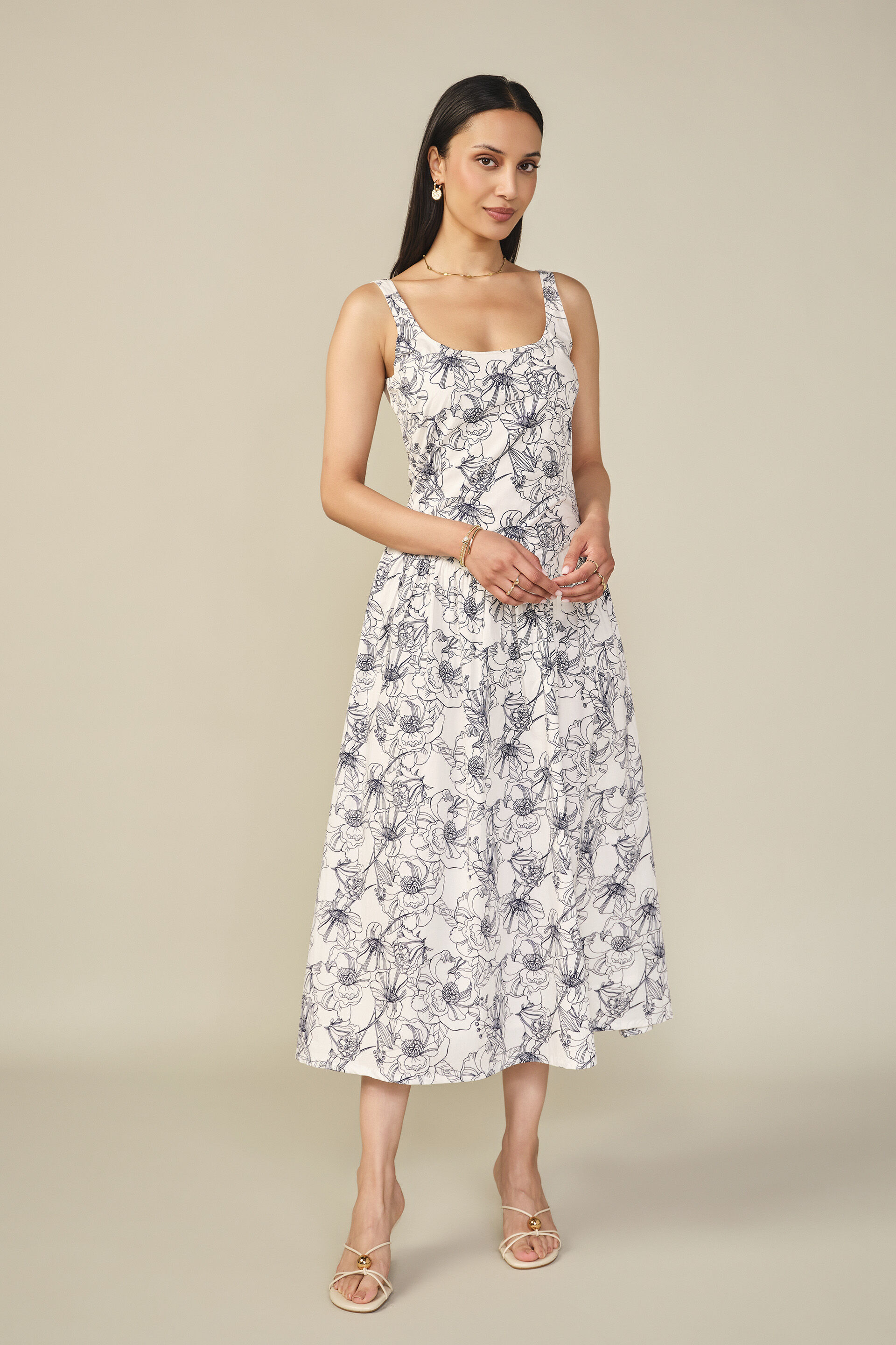 Fit & Flare Floral Printed Cotton Dress in Blue