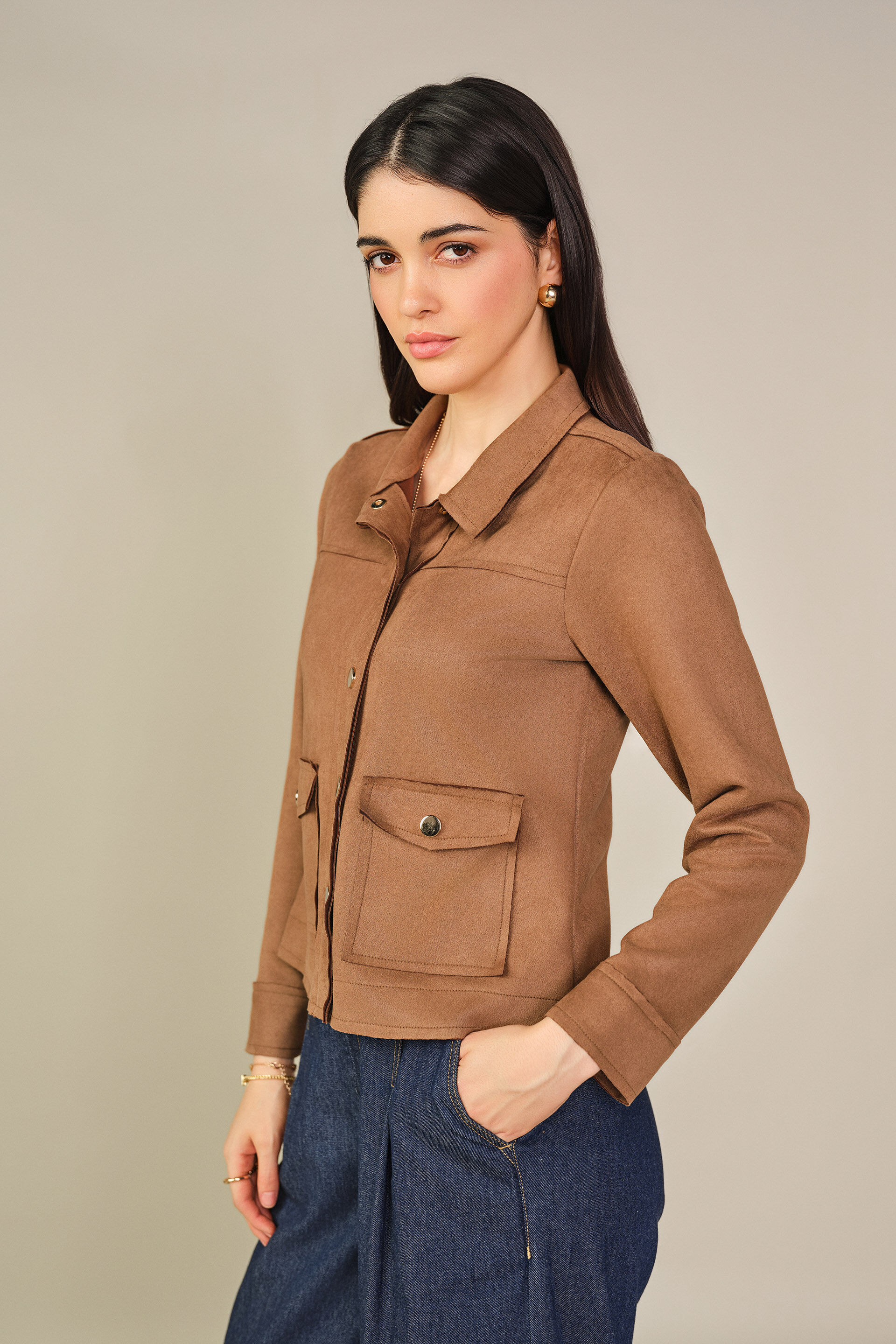 Solid Suede Jacket in Brown, Brown, image 5