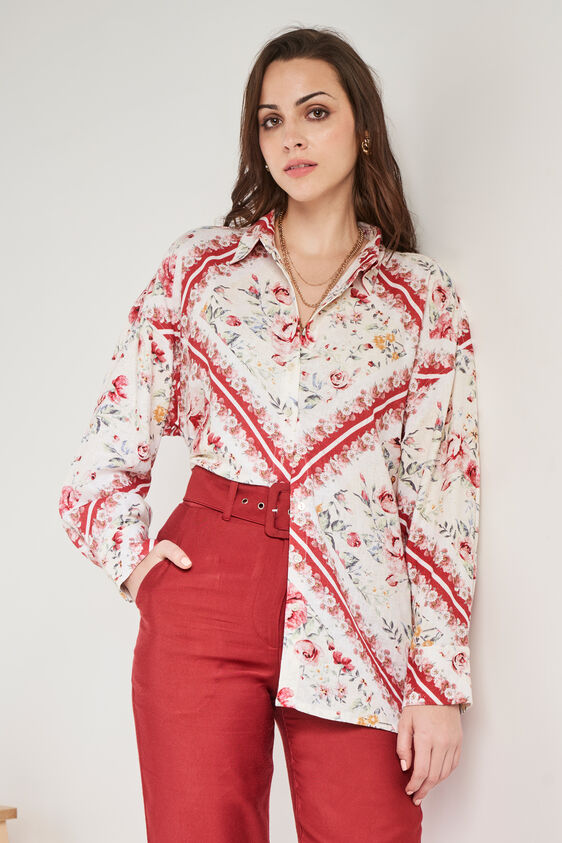 Red and White Floral Asymmetric Top, Red, image 2