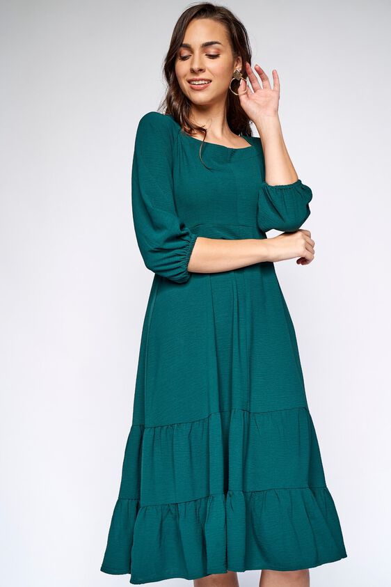 3 - Green Solid Gathered Dress, image 3
