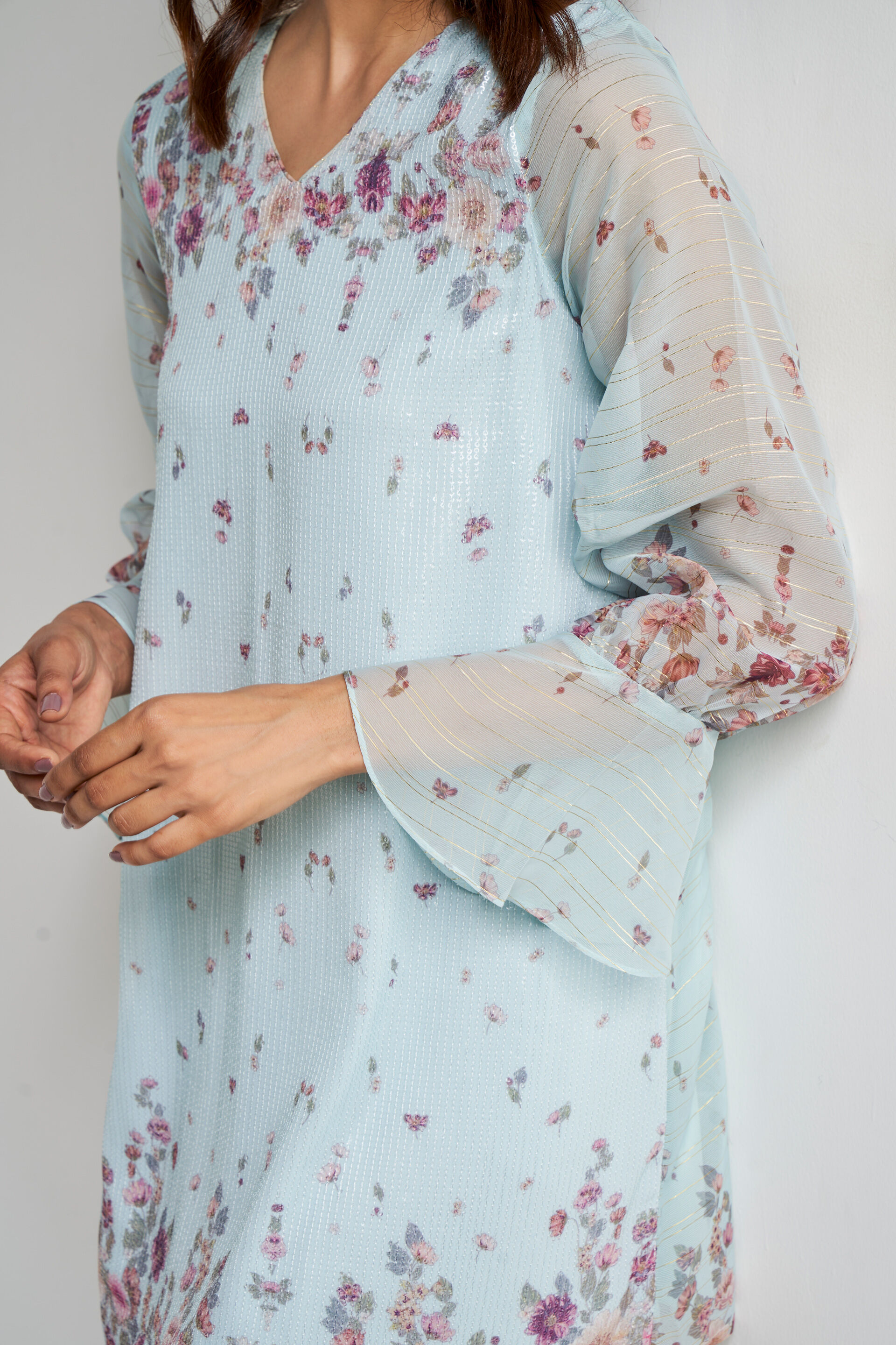 Powder Blue Floral Flared Dress, Powder Blue, image 6