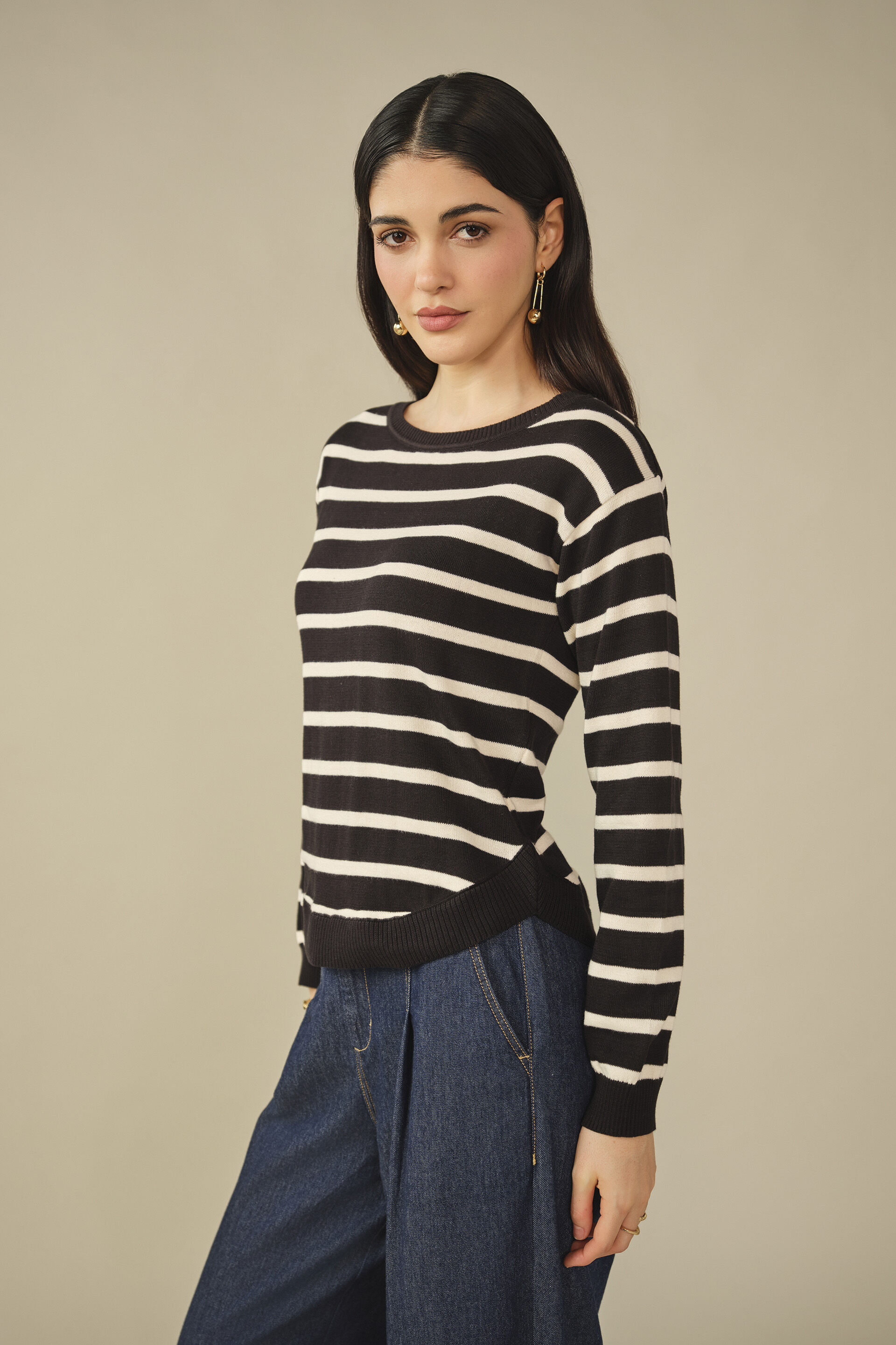 Striped Cotton Pullover in Black, Black, image 5