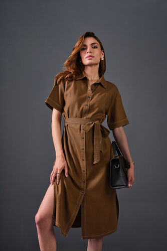 High On Contrast Rayon Dress, Brown, image 7