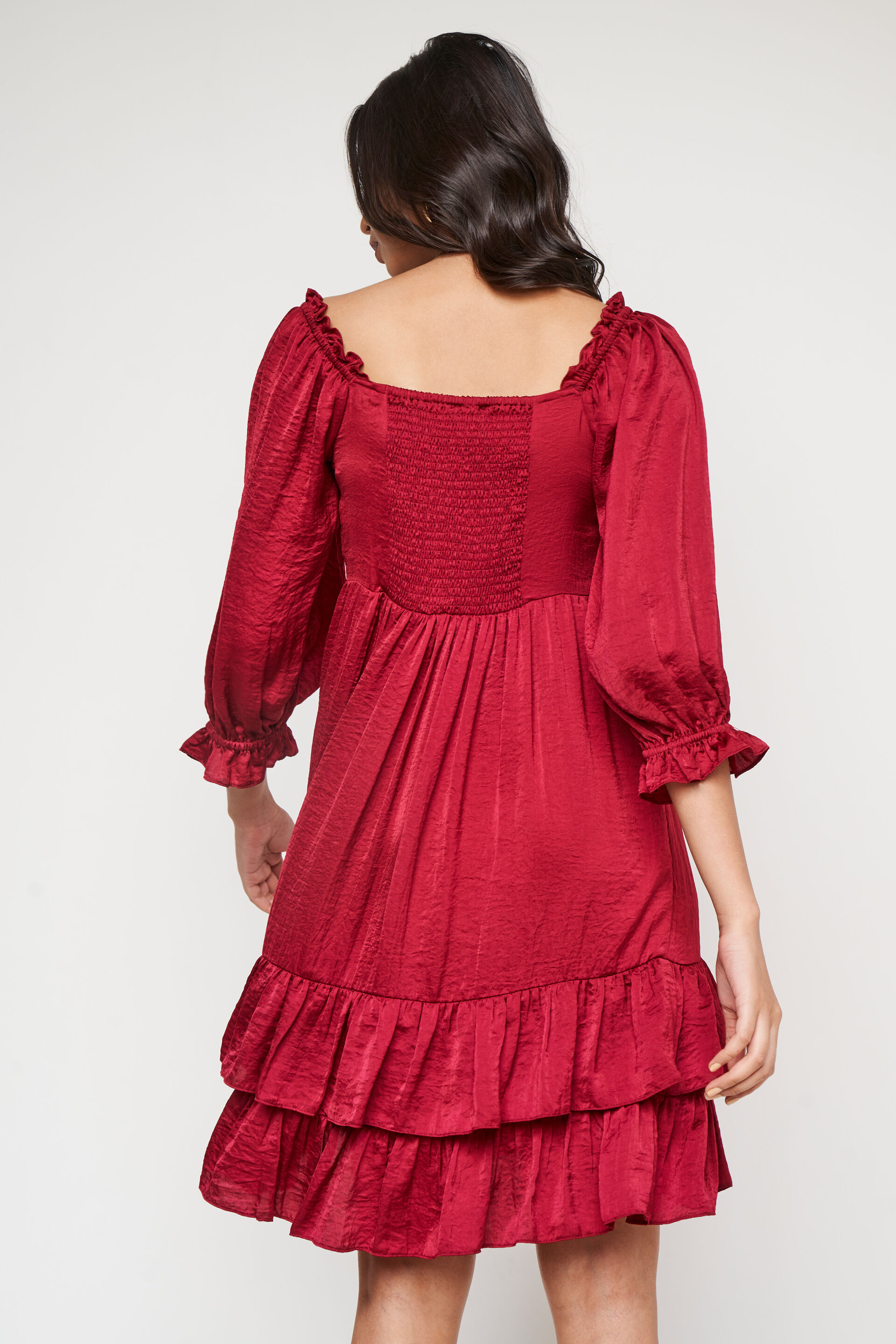 Dark Red Solid Flounce Dress, Red, image 5