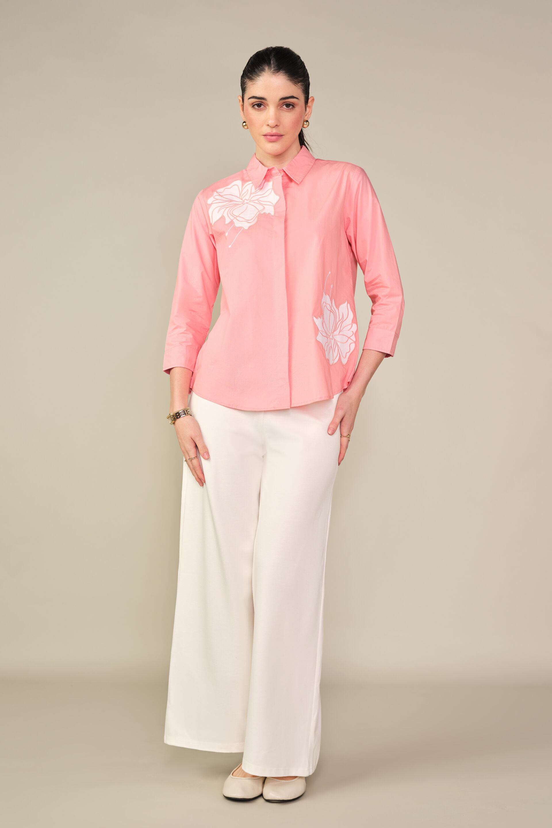 Embroidered Cotton Shirt in Pink, Pink, image 3