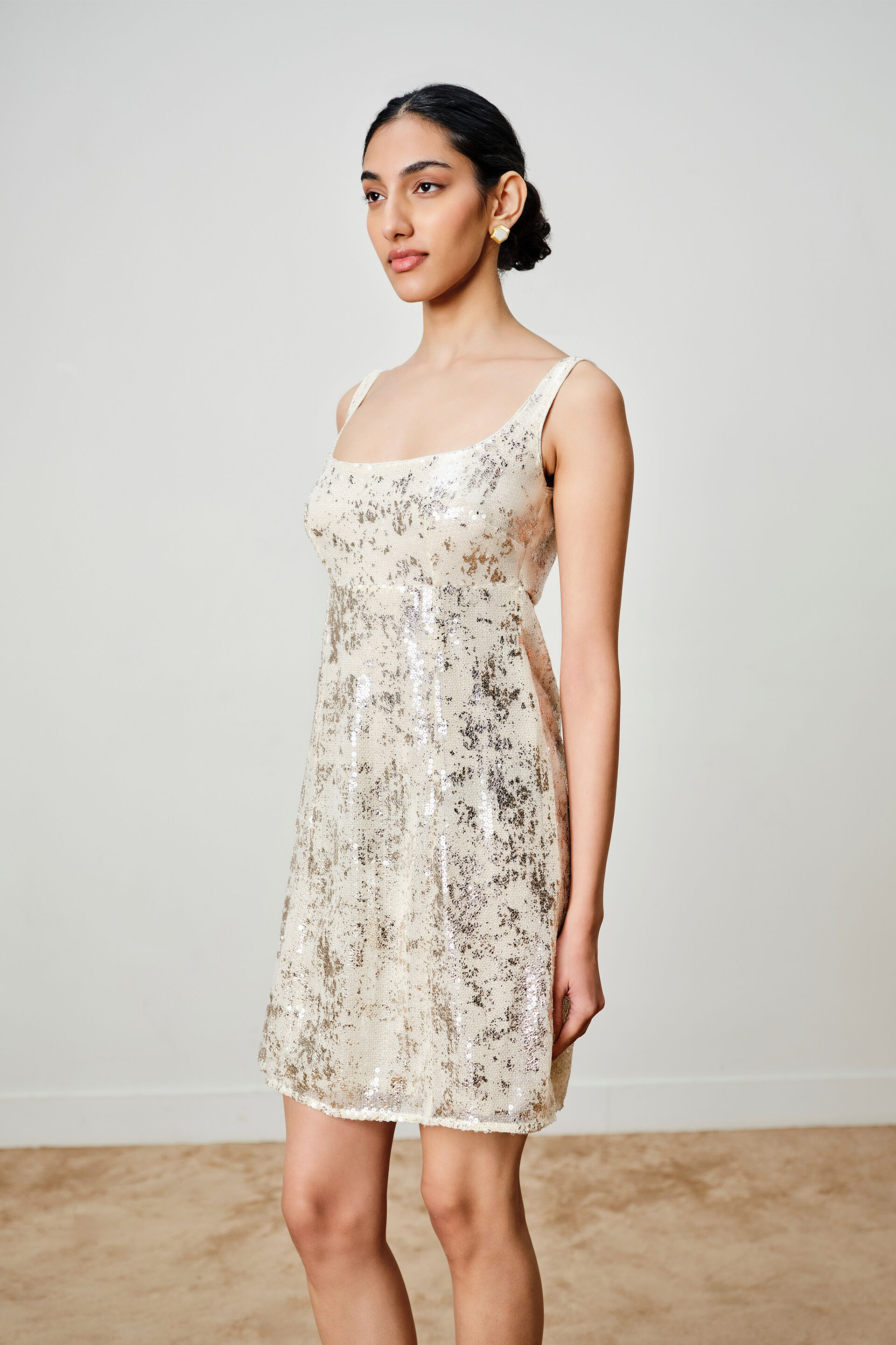 Pearl Sequined Mini Dress, Beige, image 3