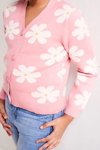 Pink and White Floral Straight Cardigan, Pink, image 5