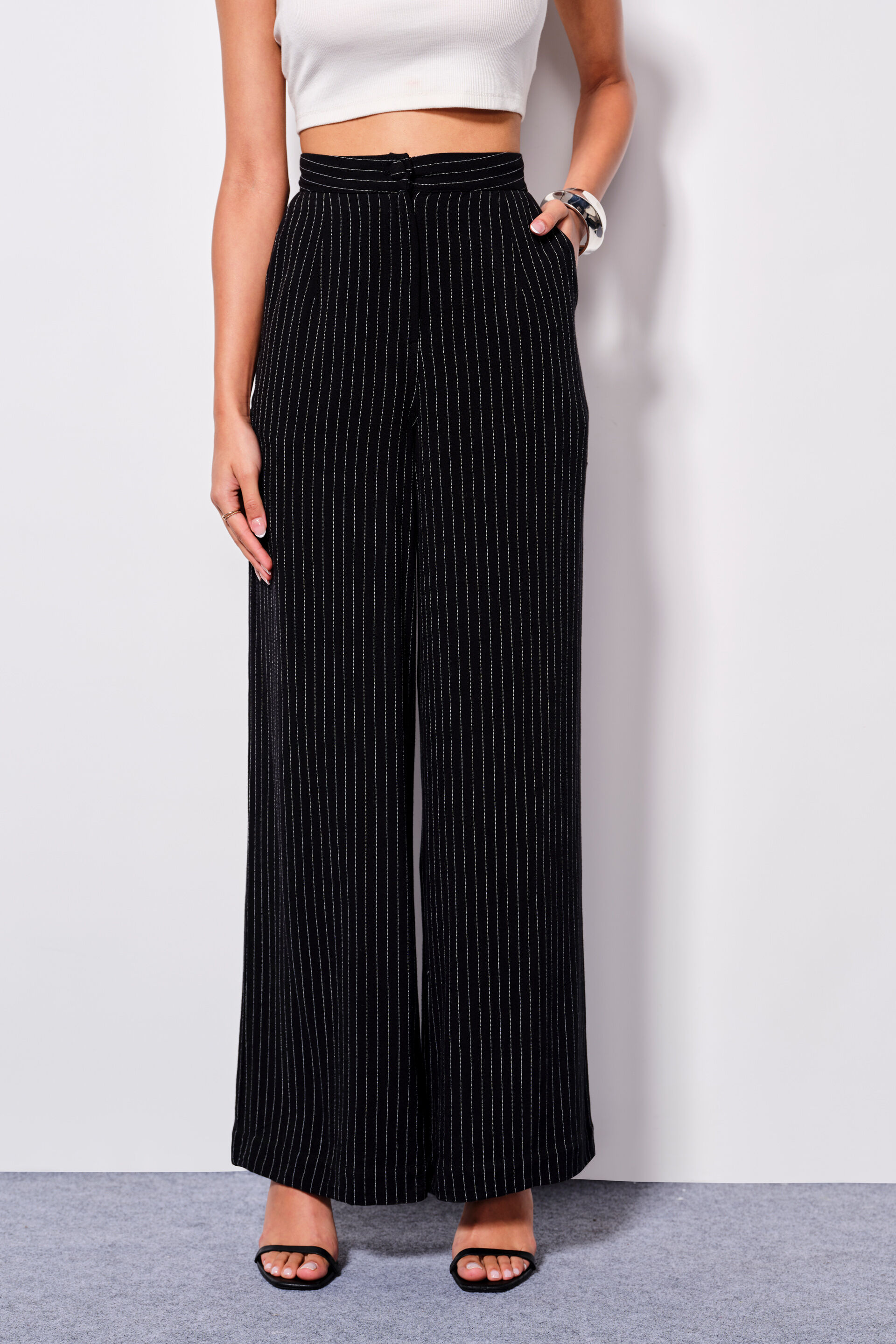 Striking Stripes Linen Blend Trousers, Black, image 3