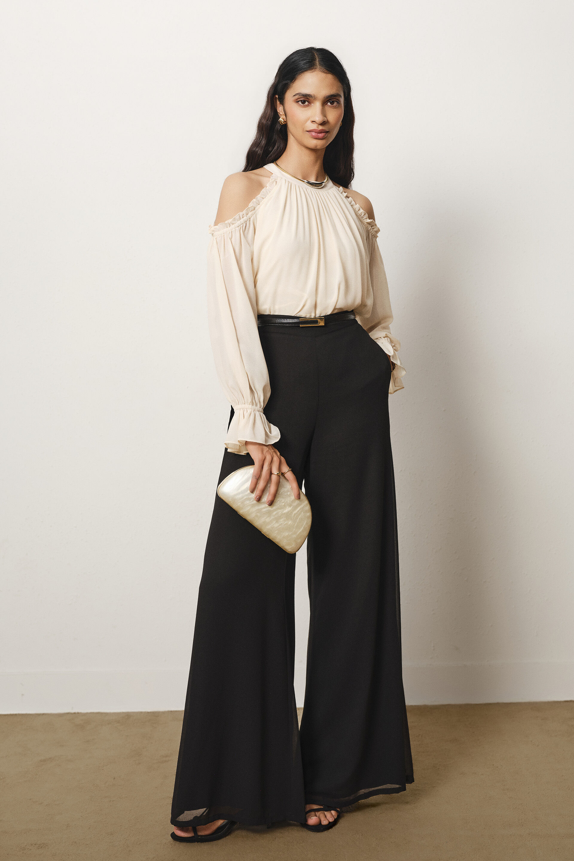 Cold Shoulder Peasant Sleeves Top in Ivory, Ivory, image 2
