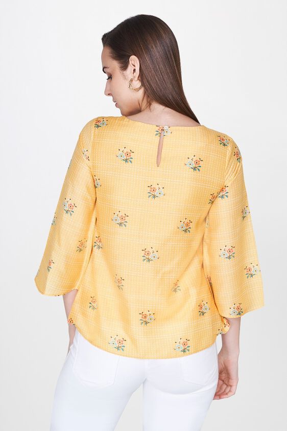 2 - Yellow Floral Pleated Round Neck Peplum Top, image 2