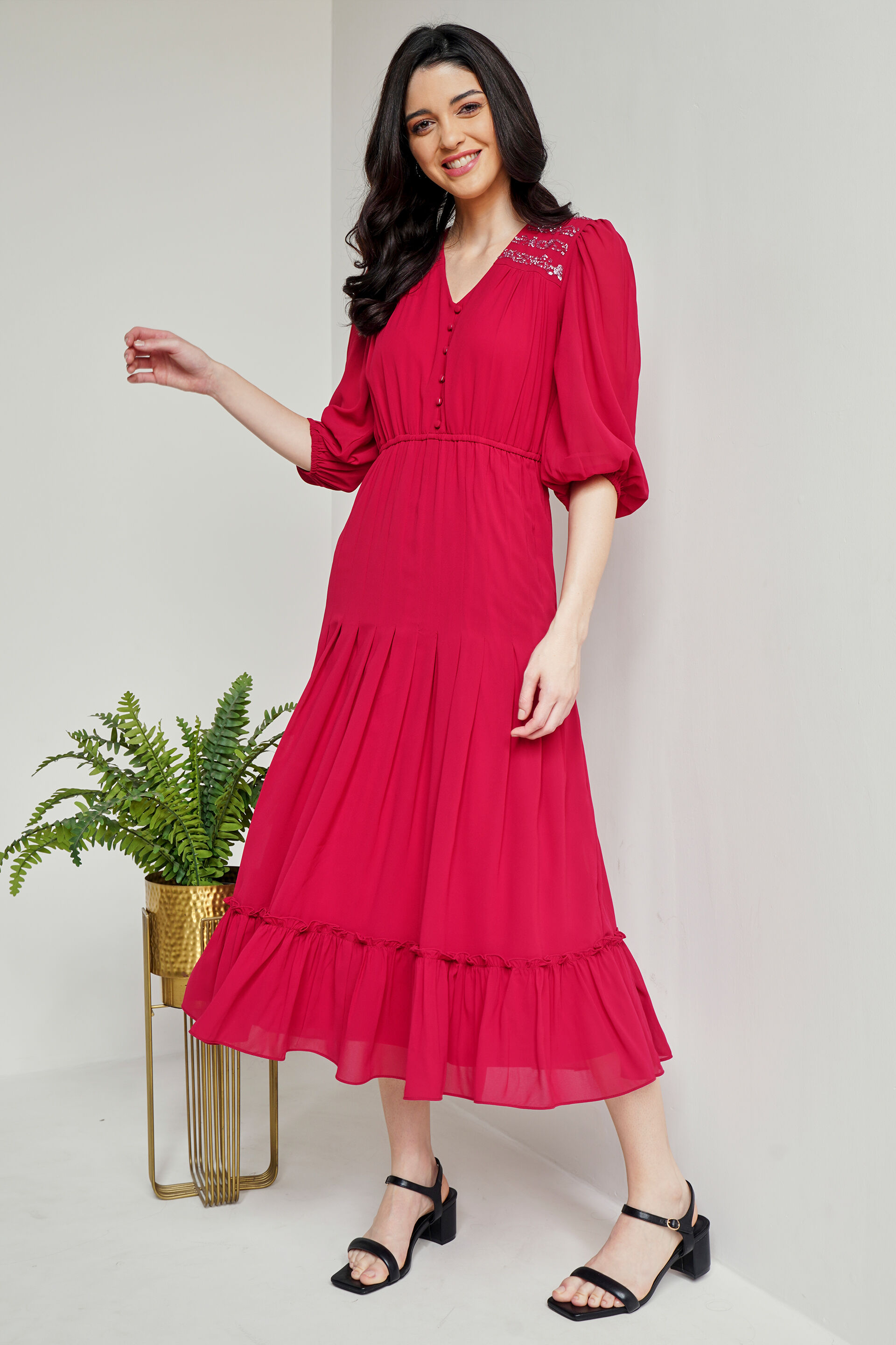 Maroon Solid Flared Dress, Maroon, image 1