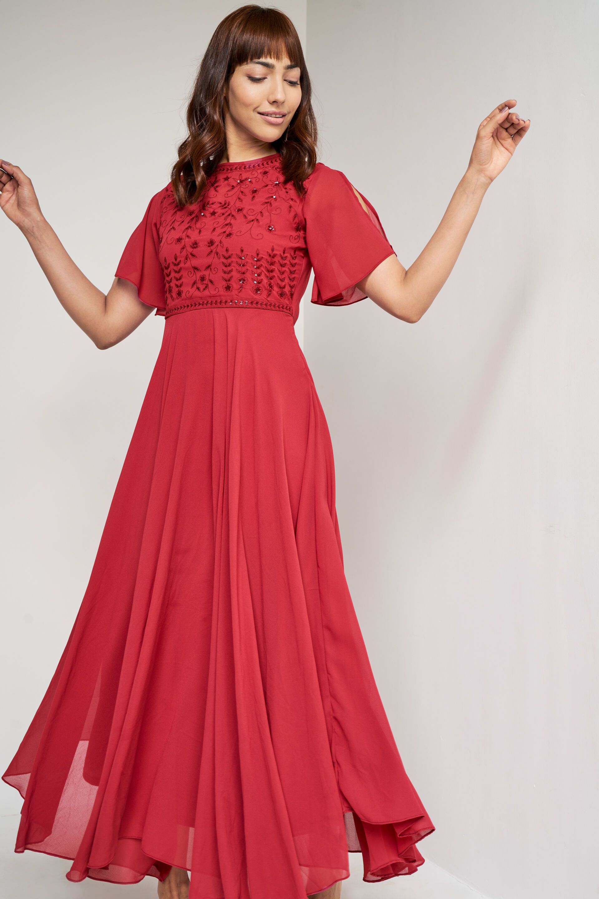 Red Solid Flared Gown