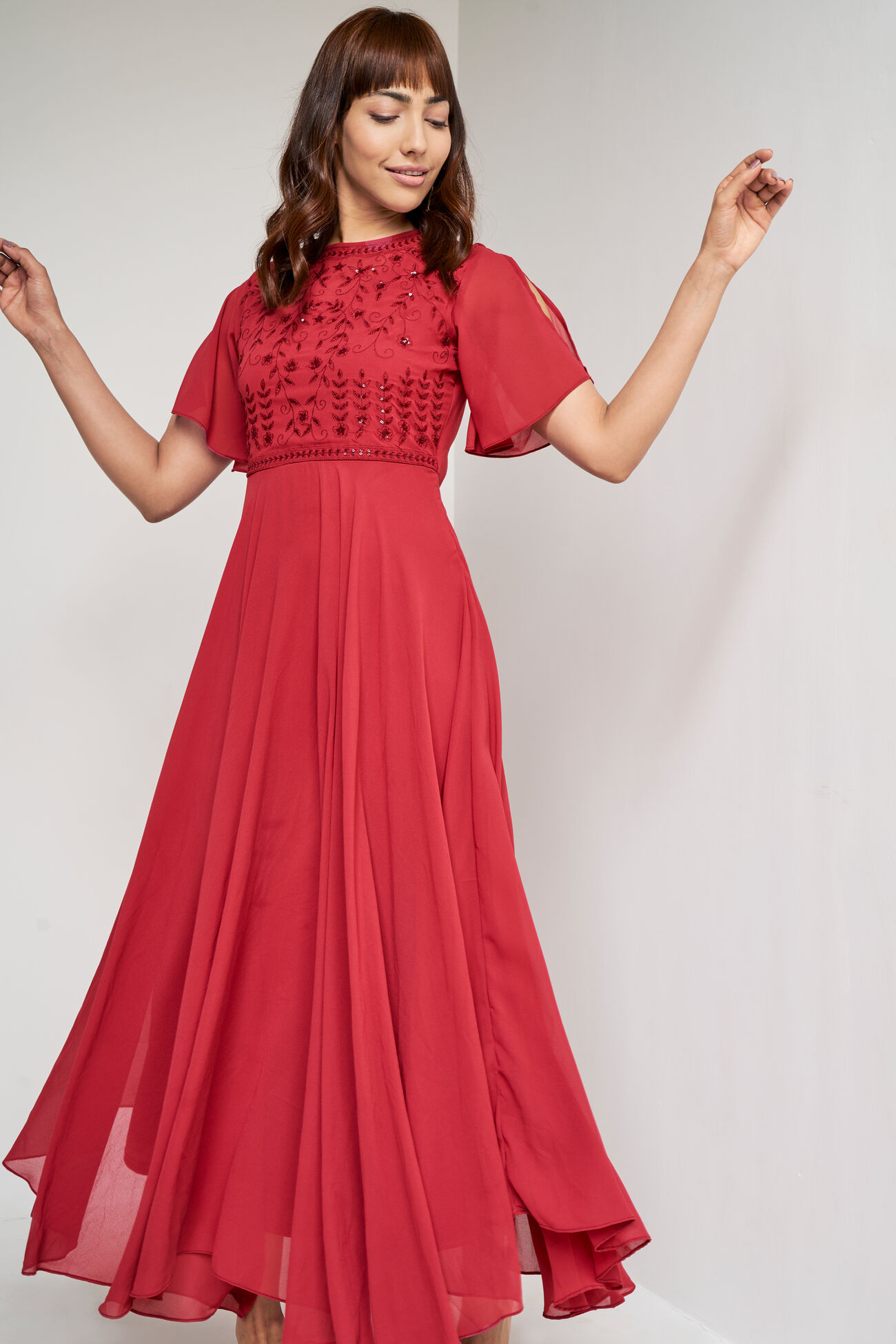 Red Solid Flared Gown, Red, image 1