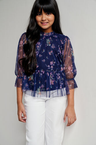 Navy Floral Flared Top, Navy Blue, image 2