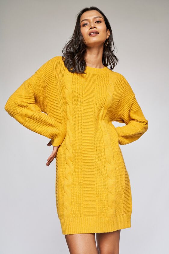 3 - Yellow Self Design Shift Dress, image 3