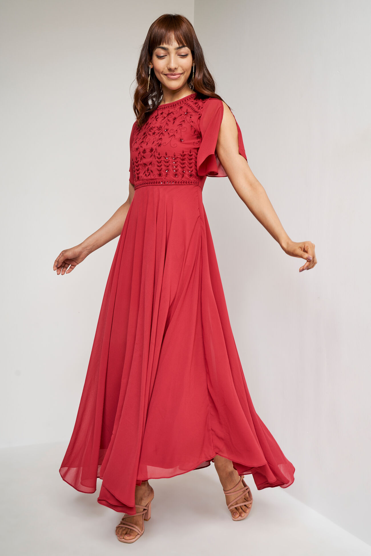Red Solid Flared Gown, Red, image 4