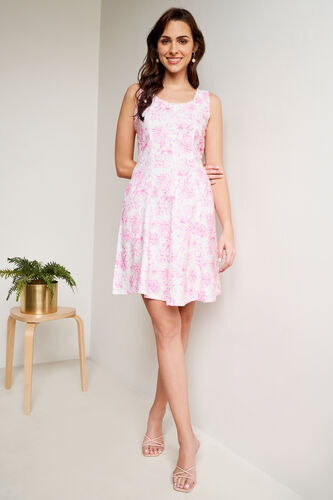 Cream And Pink Floral Flared Dress, Cream, image 2