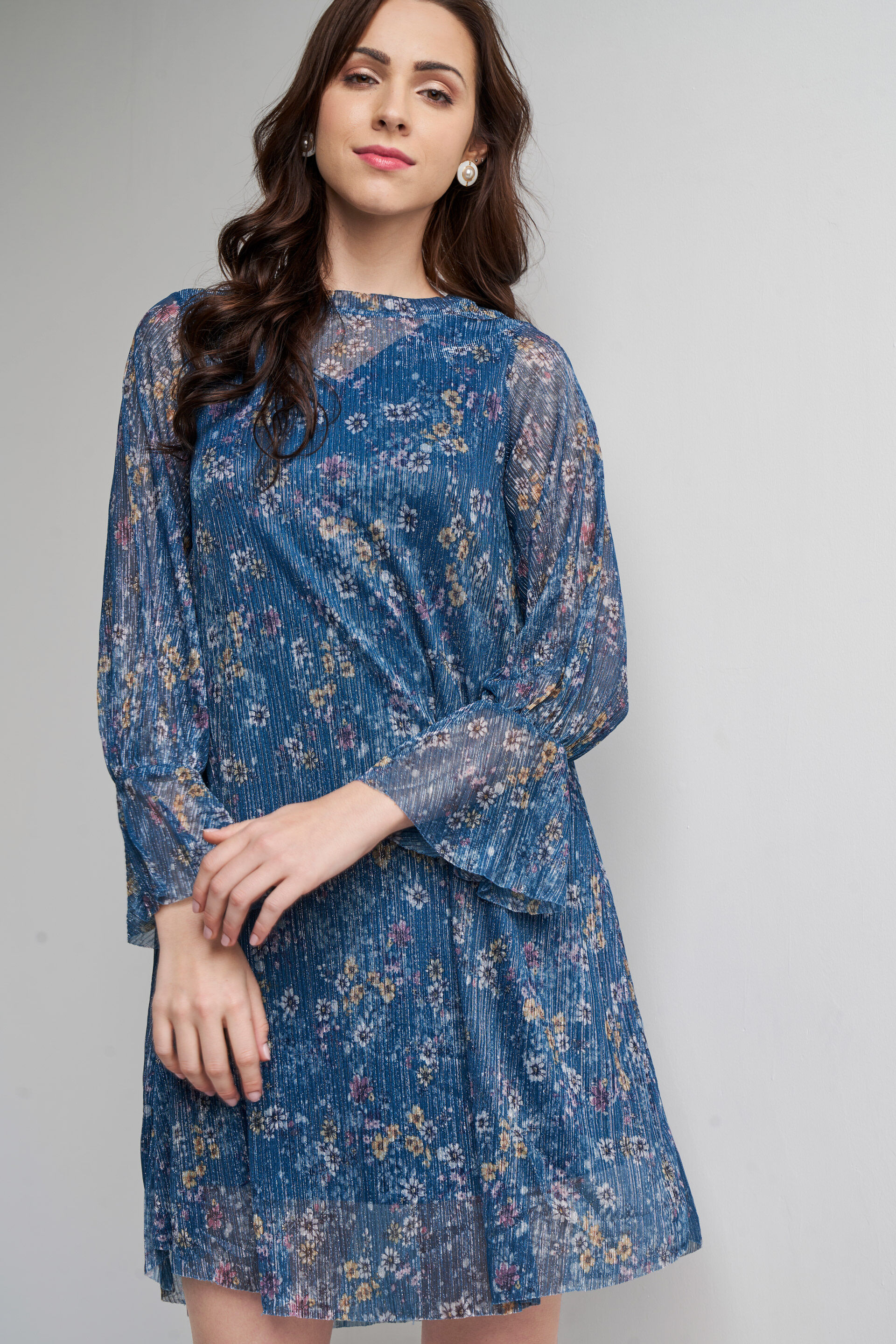 Multi Color Floral Round Neck Dress, Multi Color, image 1