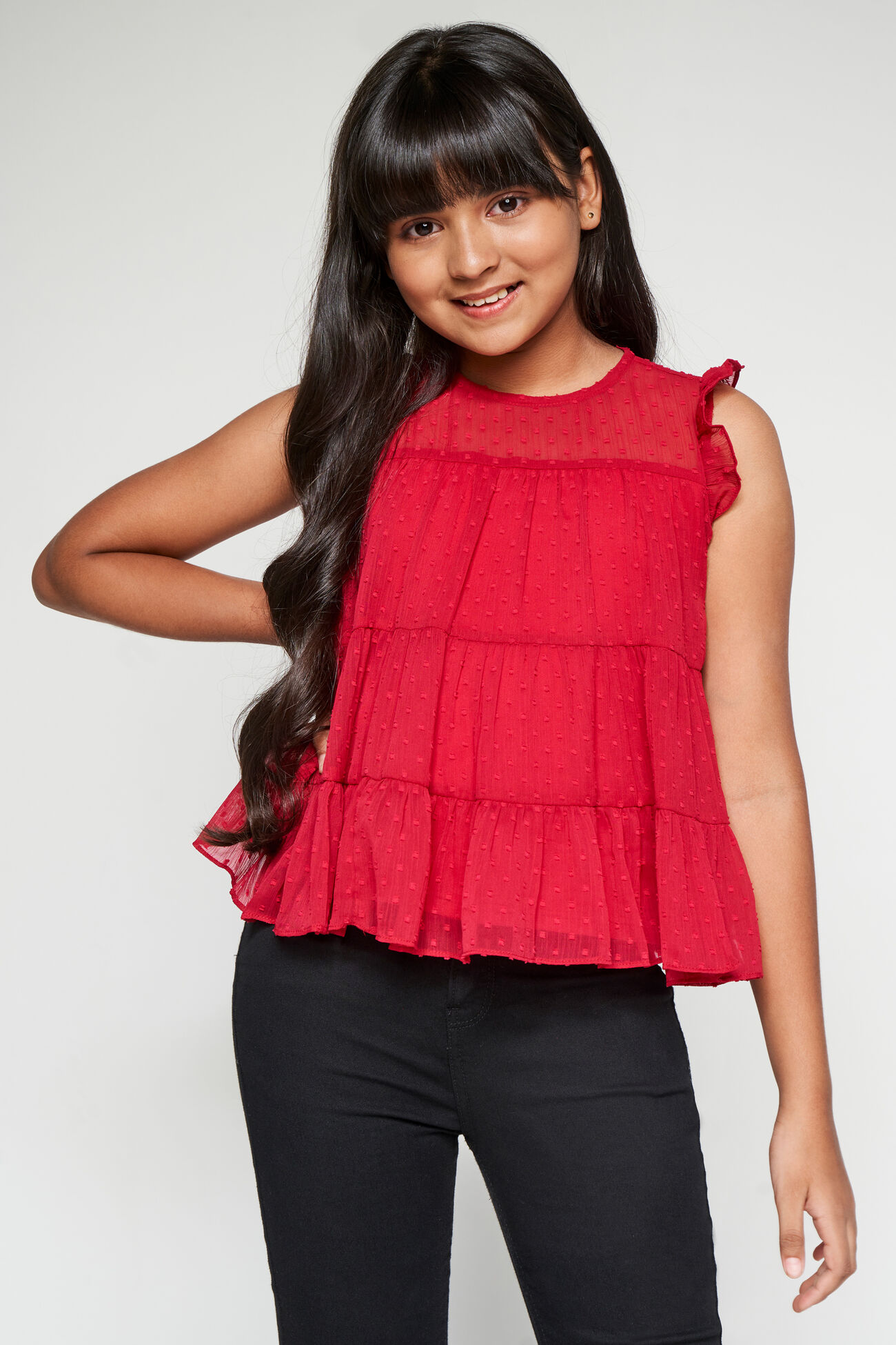 Red Solid Flounce Top, Red, image 1