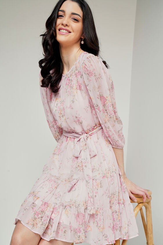 Pink Floral Flared Dress, Pink, image 1