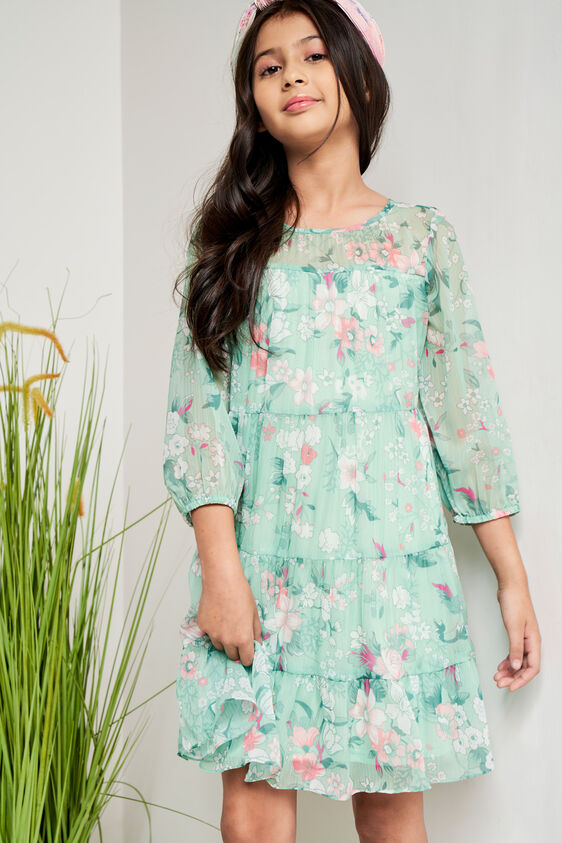 Green Floral Flared Dress, Green, image 2