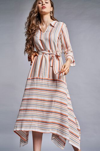 3 - Orange - White Stripes Fit and Flare Dress, image 3