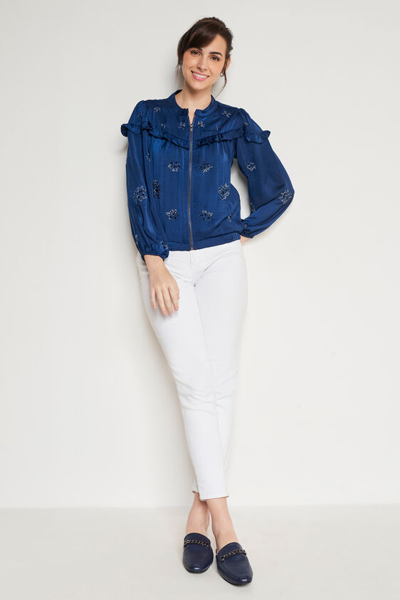 Blue Solid Mandarin Collar Jacket, Blue, image 3