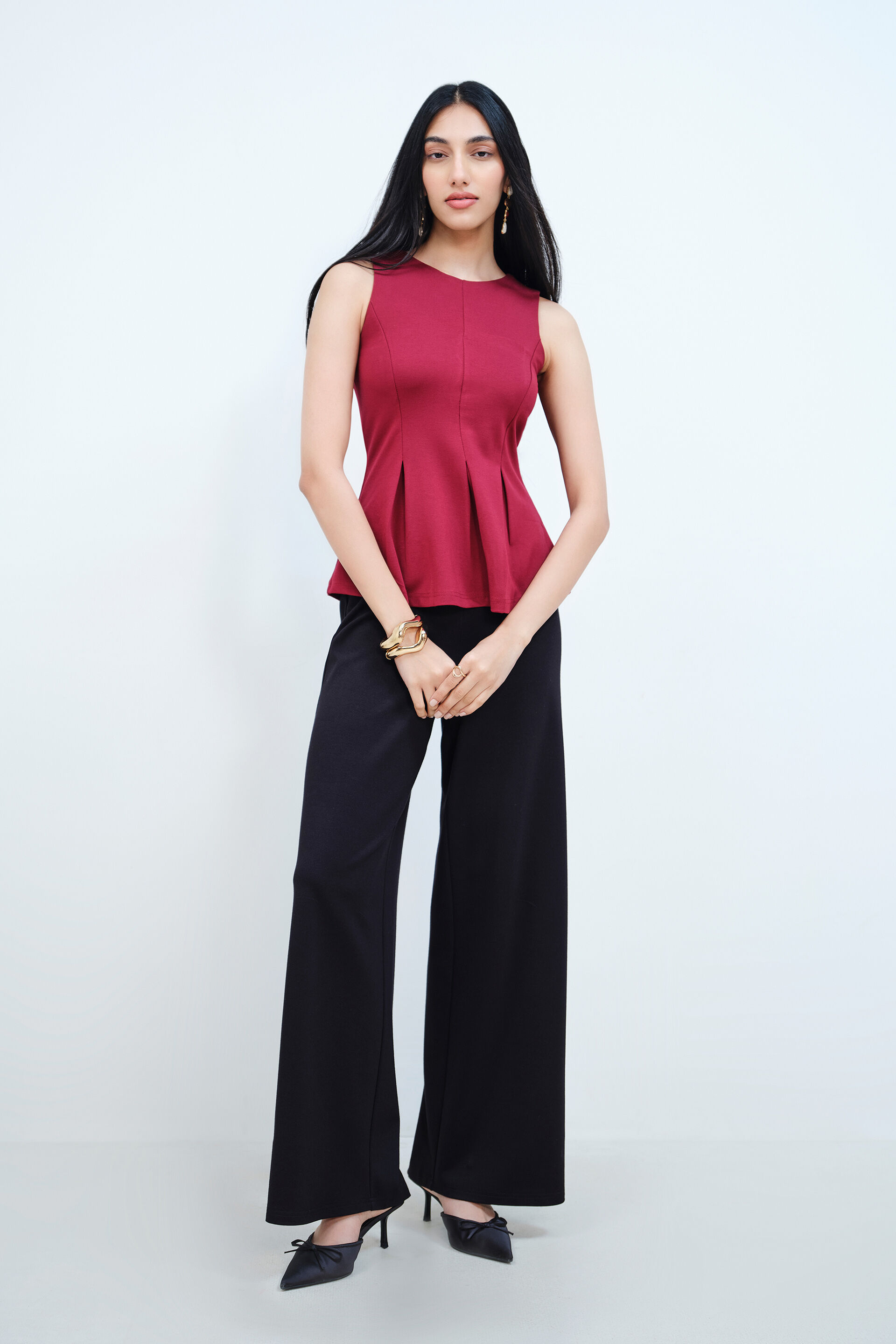 Wine Knitted Peplum Top, Wine, image 2