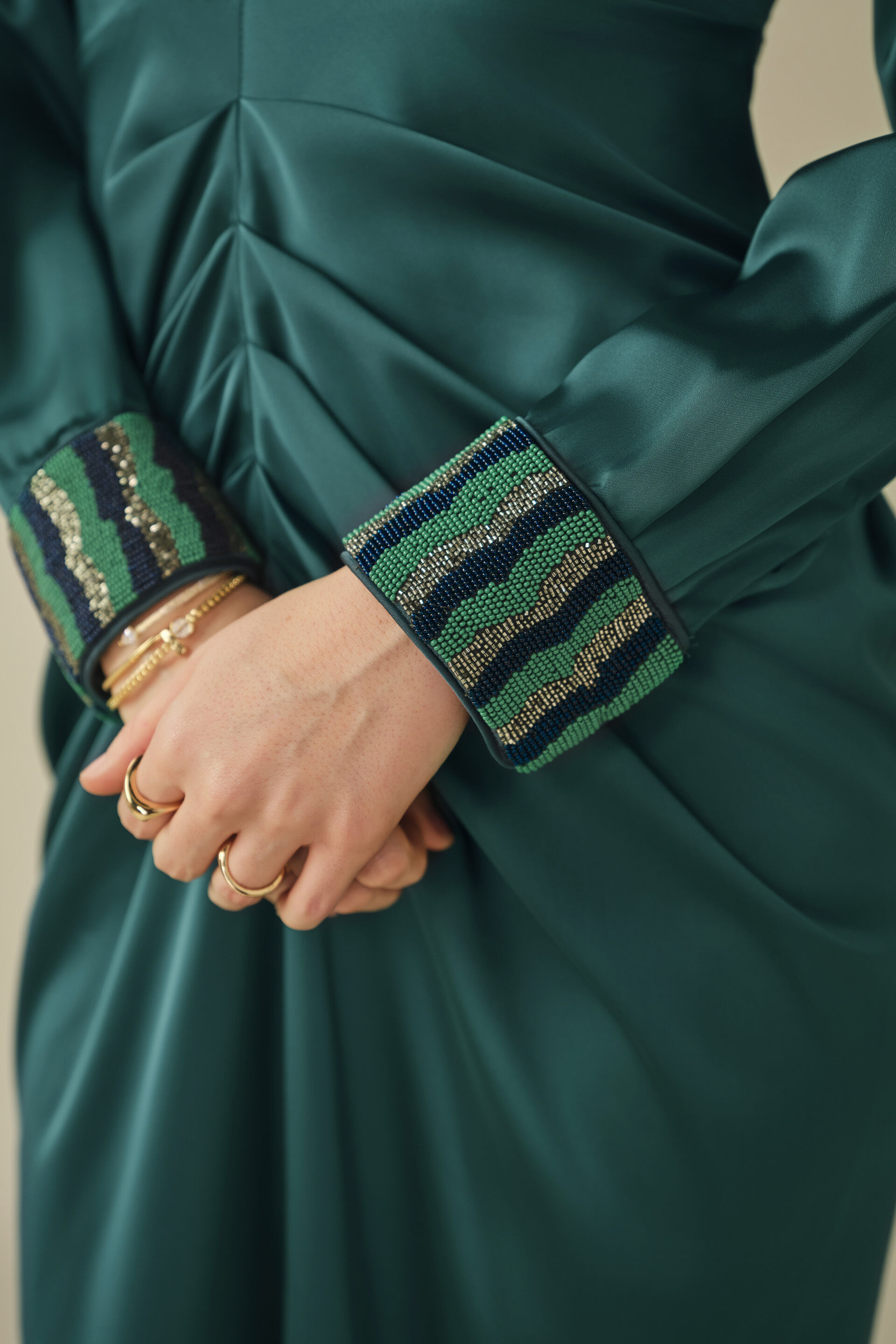 Draped Satin Dress in Green, Green, image 2