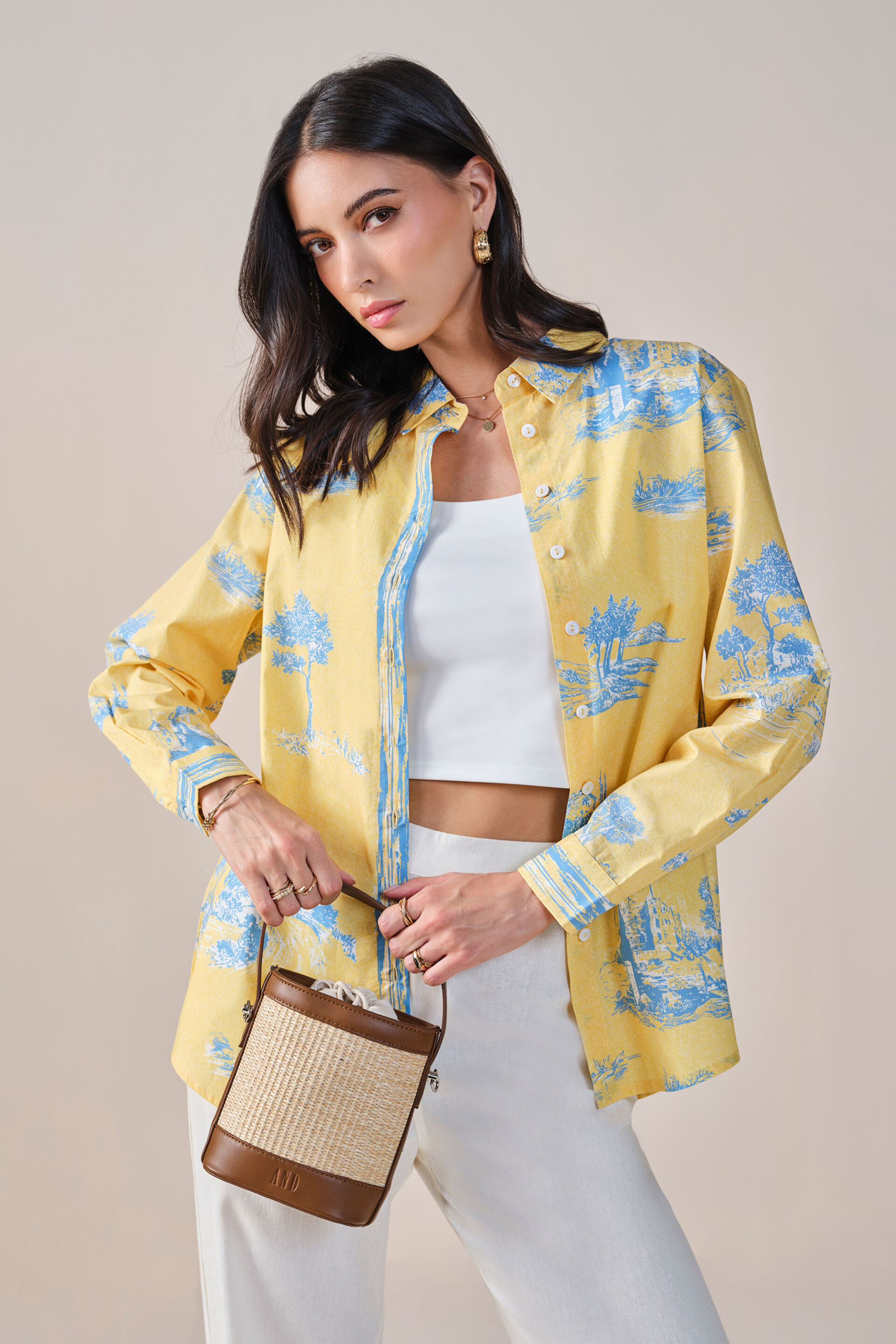 Sun and Skies Cotton Shirt, Yellow, image 1