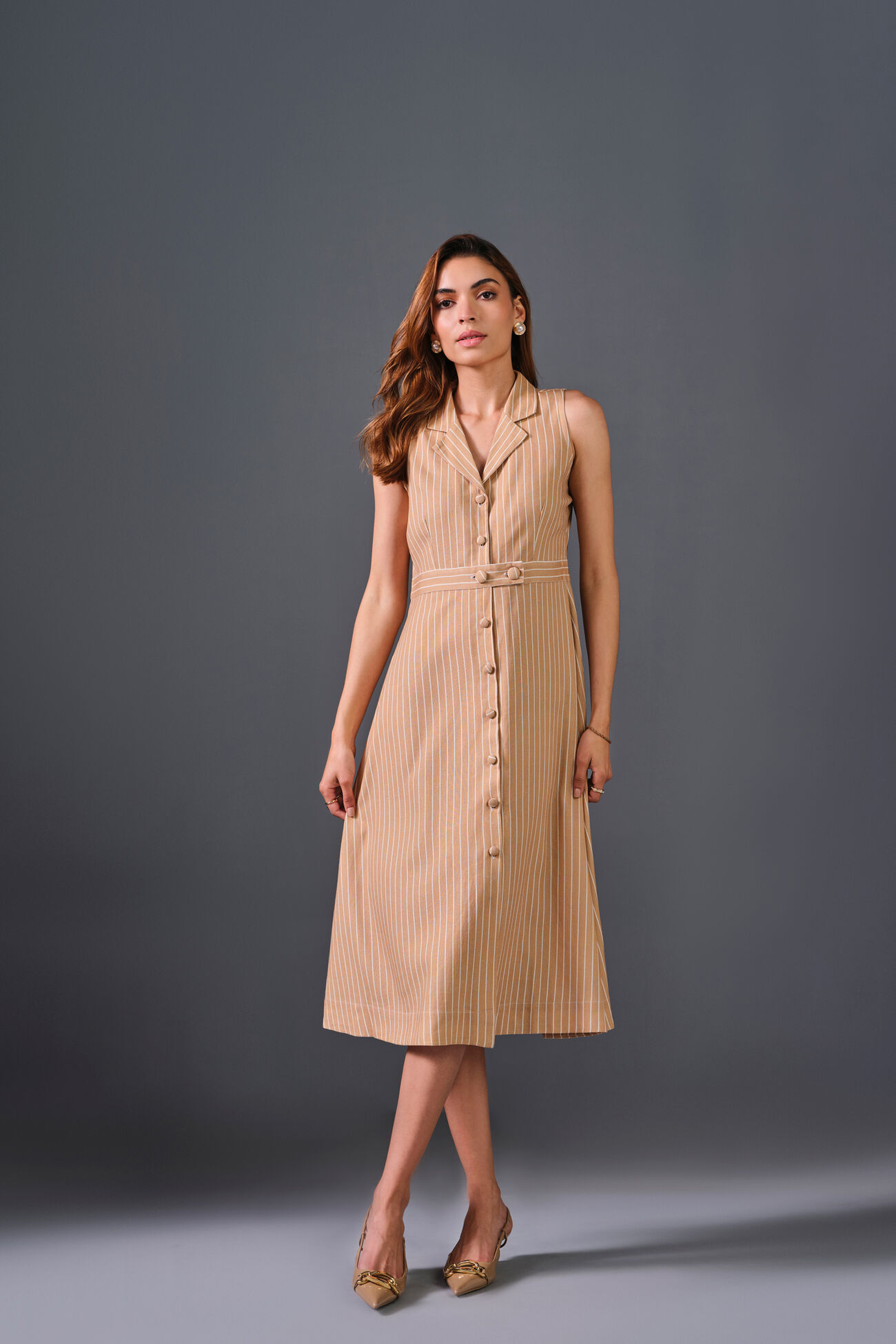 Cappucino Striped Viscose Blend Dress, Brown, image 1