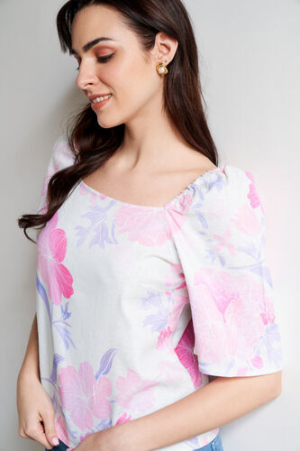 White Floral Linen Top, Pista Green, image 3