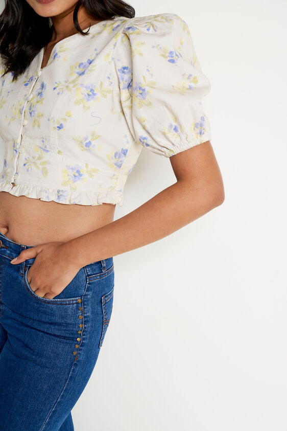 White and Green Floral Denim Crop Top, White, image 5
