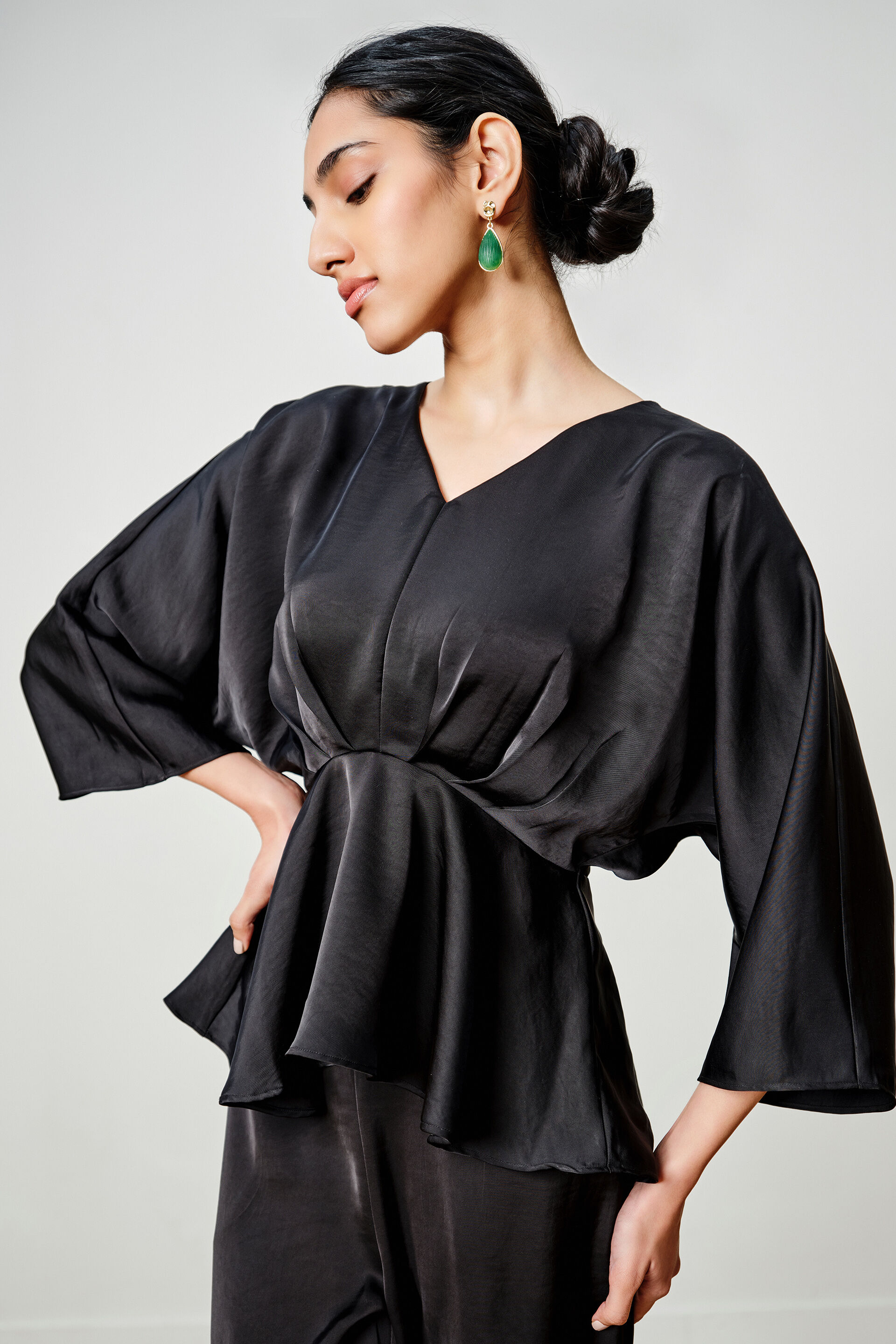 Black Pleated Peplum Top, Black, image 4