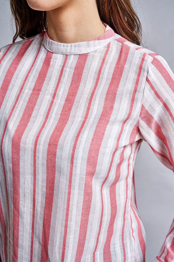 3 - Pink - White Stripes Mandarin Collar Cuff Top, image 3