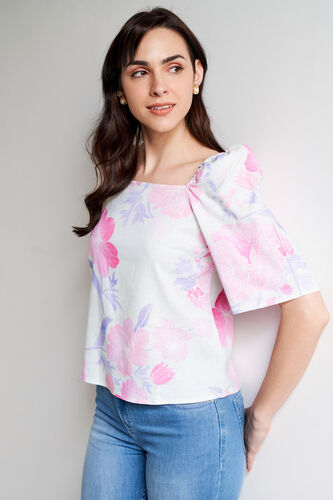 White Floral Linen Top, Pista Green, image 2