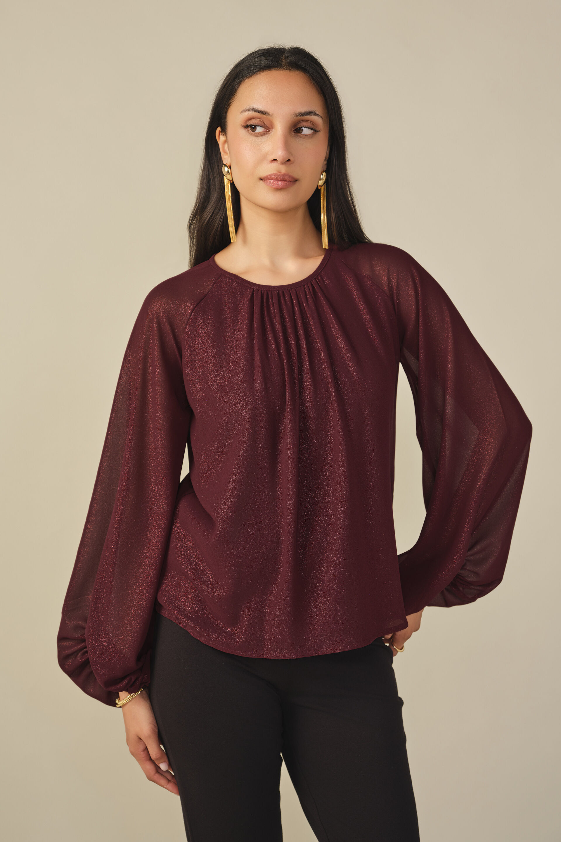 Voluminous Sheer Sleeve Top in Wine