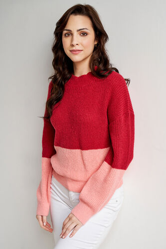 Red and Pink Colour blocked Straight Top, Red, image 4