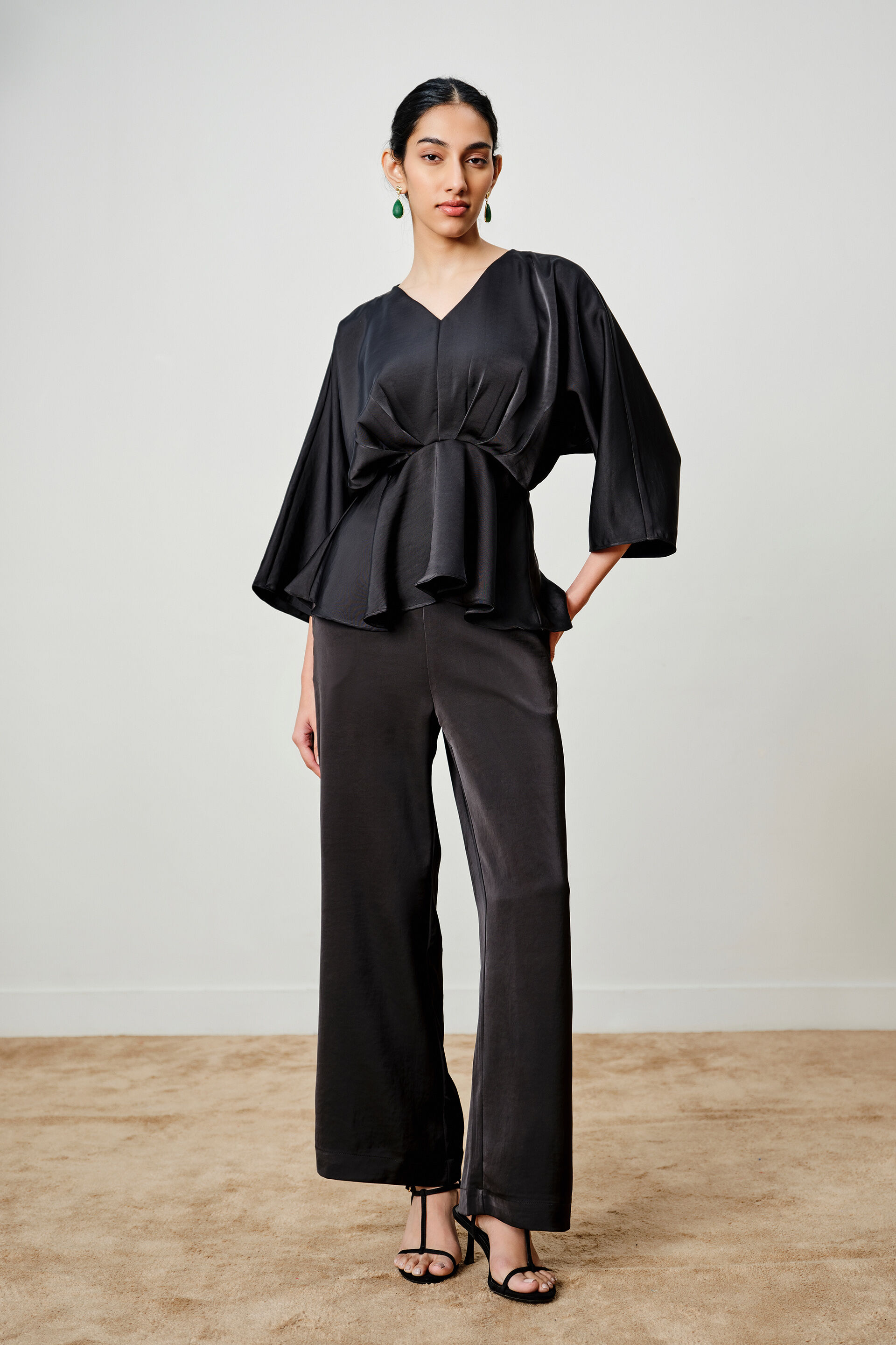 Black Pleated Peplum Top, Black, image 2
