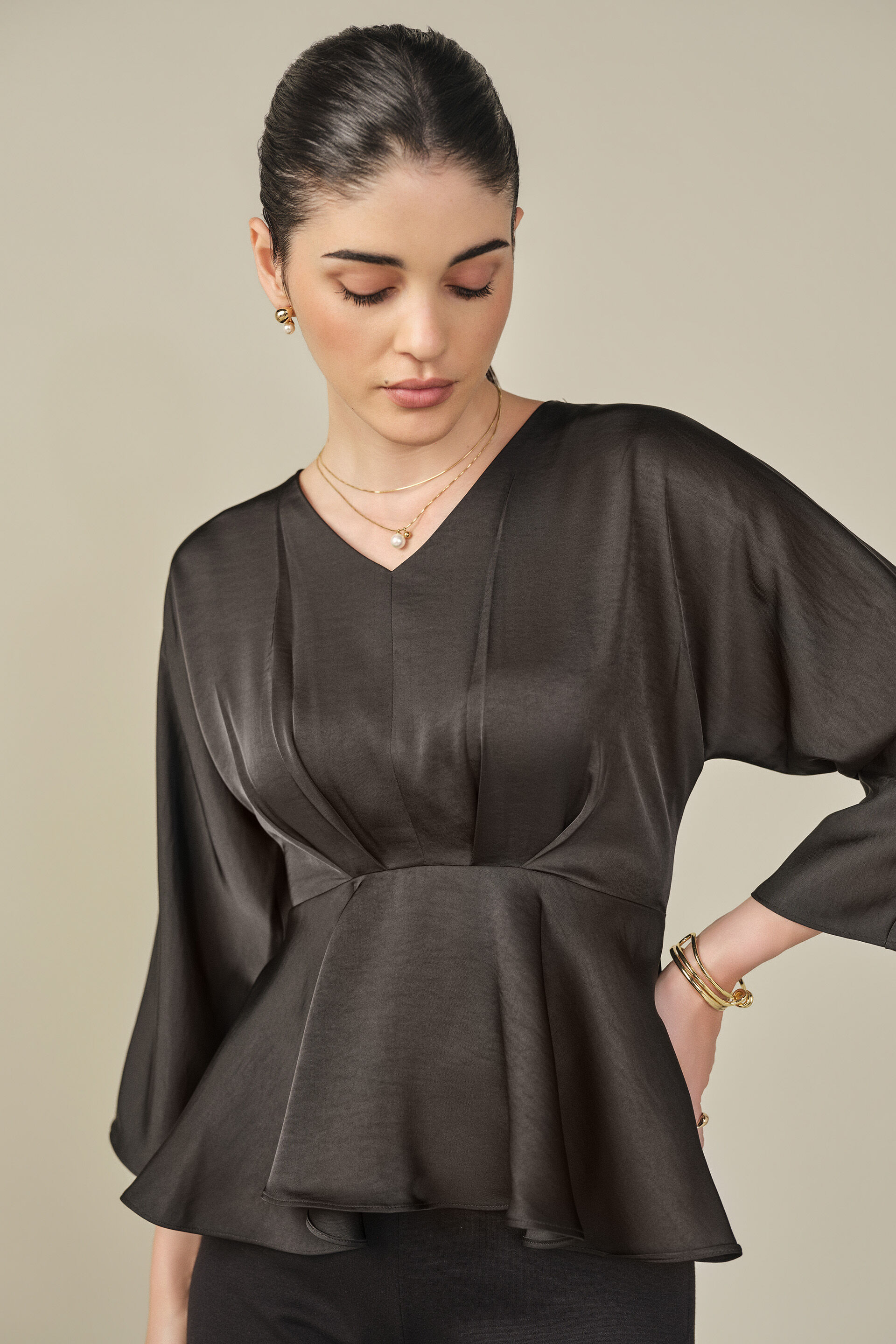 Fit & Flare Satin Top in Black, Black, image 3