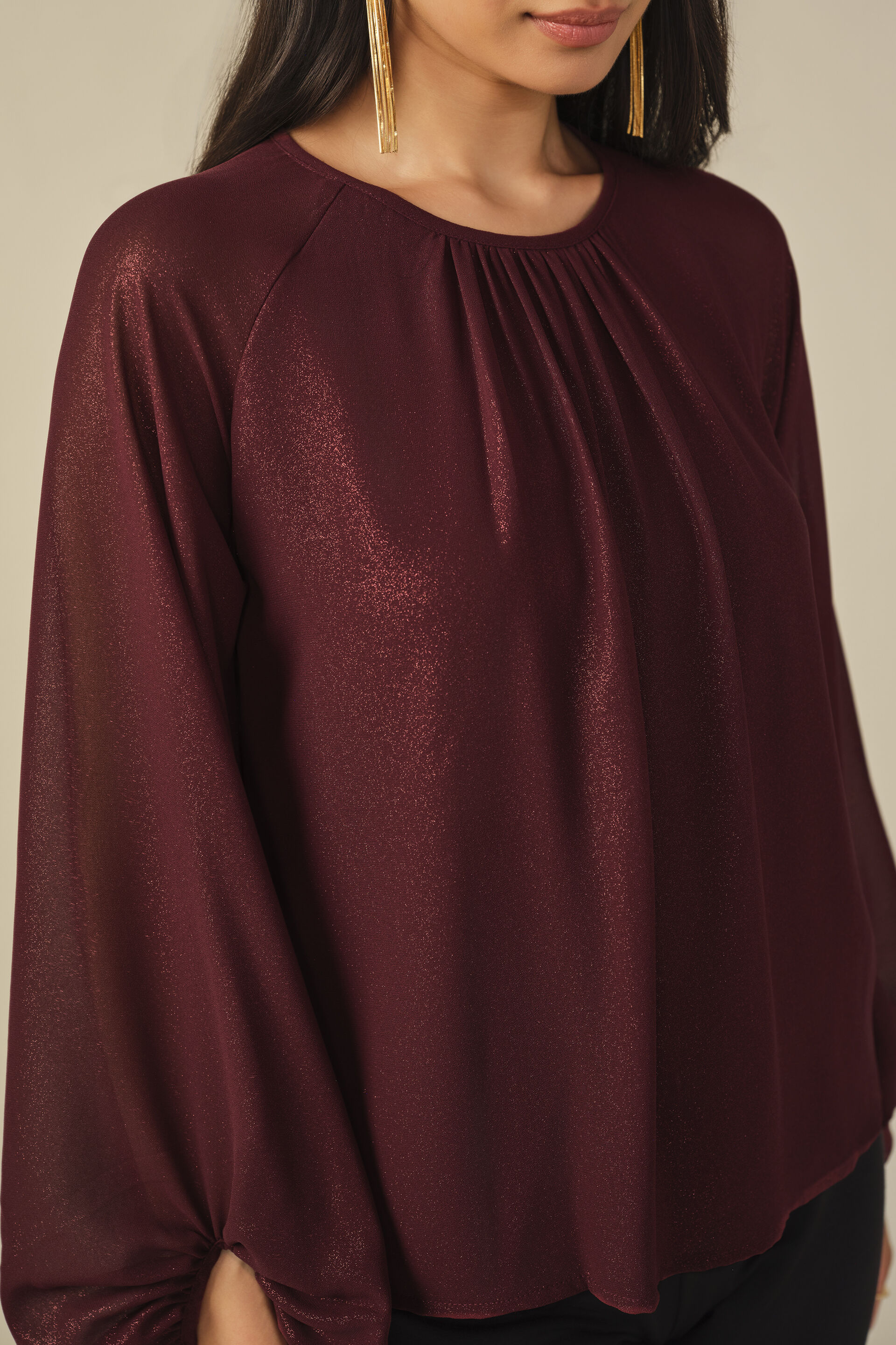 Voluminous Sheer Sleeve Top in Wine, Wine, image 2